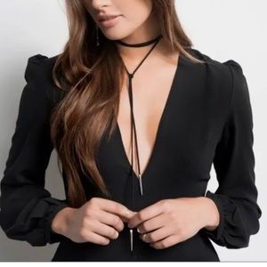 Kendra Scott lariat necklace in black suede with gold tone; box / bag included